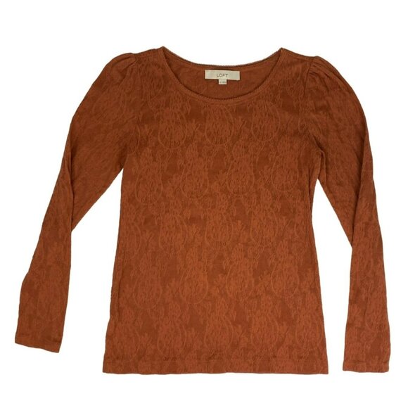 Loft Women's Leg of Mutton Sleeve Patterned Top S Orange Cotton Polyester Fall - Picture 1 of 4